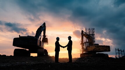 Silhouette of two businessmen shaking hands at a construction site with machinery. Successful deal concept.