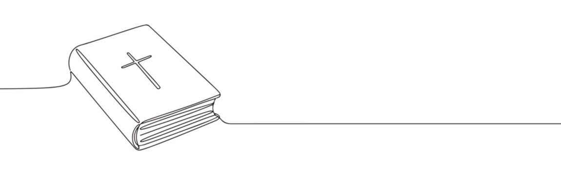 A closed book with a Christian cross on its cover, drawn in a continuous line, symbolizing faith and scripture