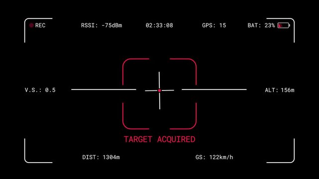 FPV Drone viewfinder interface with Target Acquired indicator. Quadcopter OSD camera. Screen template with altitude, speed, battery, and GPS data. Smartphone reel overlay template. MOV Transparent