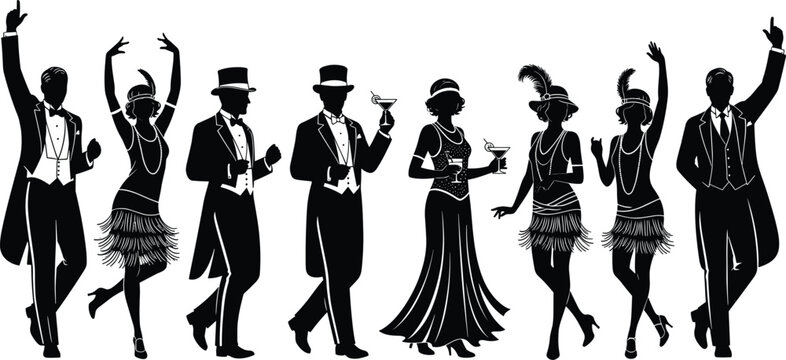 Vintage Great Gatsby 1920s party people silhouettes, roaring twenties flapper dancers and gentlemen in tuxedos, elegant retro night club event celebration vector