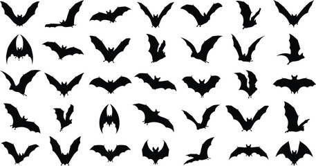 Bat silhouettes collection, flying bat poses set, halloween spooky animal icons, black vector illustration isolated on white background