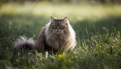 Long-furred fluffy cat with vivid green eyes resting outdoors, ideal for pet display backgrounds, National Pet Month