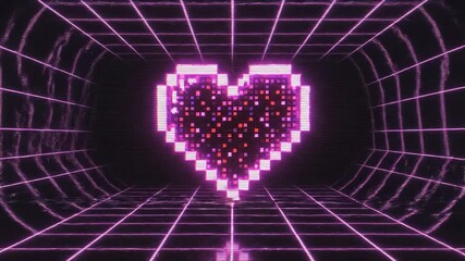 Vibrant glowing pixel heart pulsating within a retro 80s synthwave grid tunnel creating a nostalgic digital aesthetic perfect for gaming romance or futuristic technology themes with a cyberpunk vibe.