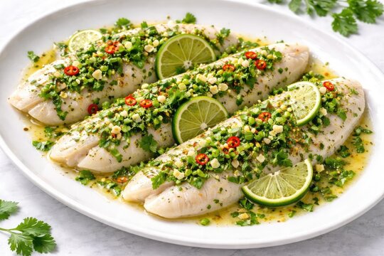 Zesty Lime and Fresh Herb Steamed Basa Fish Fillets on Clean White Serving Plate