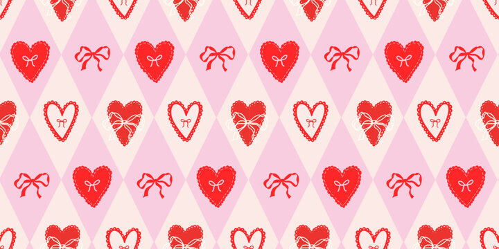 Rhombus seamless pattern with Doodle hand drawn bows and hearts. Cute diamond pattern design for Valentine's Day, birthday,  print, wrapping paper, fabric, wallpaper, textile