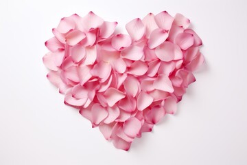 Fototapeta premium Pink rose petals forming a heart shape on a white background, symbolizing love and romance