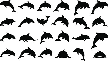Dolphin silhouettes collection, jumping swimming dolphin poses set, marine animal icons, black vector illustration isolated on white background