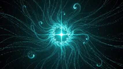 Glowing blue light forms swirling patterns against a dark background with a bright central starburst effect