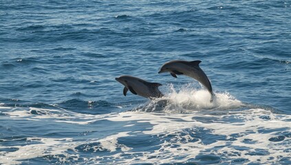 Fototapeta premium Group of dolphins breaching the ocean surface, illustrating active marine life and movement