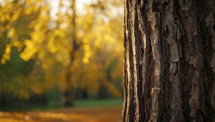 Obraz premium Poplar tree bark detail with textured patterns, autumn yellow leaves in September sunlight as background, seasonal transition