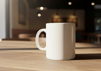 Obraz premium Minimal white mug mockup centered on wooden cafe table with clean focus