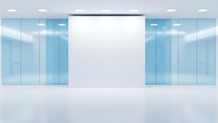 Modern Office Space with Glass Walls and Empty Whiteboard.