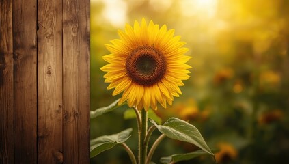 Obraz premium Sunflower placed on wooden planks, ideal for botanical or floral pattern backdrop, World Environment Day