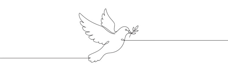 A graceful dove in flight holding an olive branch, depicted in a continuous line drawing, symbolizing peace and hope