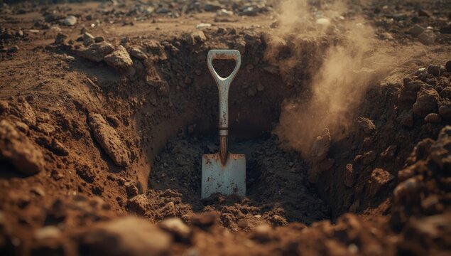 Shovel with soil in a construction pit during earthmoving, highlighting manual soil refinement, Earth Day