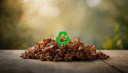 Wrinkled recyclable paper featuring green symbol for waste reduction, Earth Day