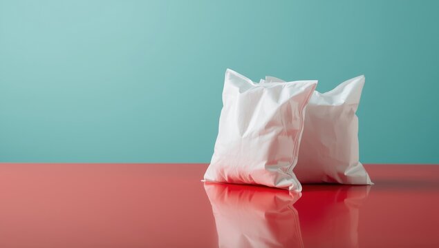 Pair of white colostomy bags on a red tabletop, illustrating ostomy appliance handling and storage, Healthcare Safety Week