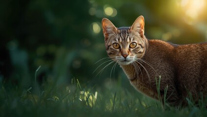 Close-up of a hunting cat, illustrating predatory stance and alertness