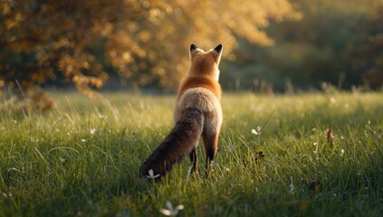 Red fox with its tail prominent in vibrant greenery, highlighting wildlife adaptation and habitat, Earth Day