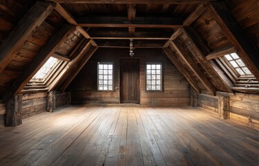Interior view of an empty, rustic attic with wooden walls, floor, and roof beams