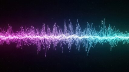 Vibrant abstract sound wave visualization with glowing purple and cyan energy particles against a dark background