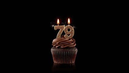 Chocolate cupcake topped with Number 79 candles, detailed frosting texture for birthday celebration backdrop