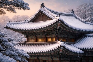 Obraz premium Korean historical building roof blanketed by snow in cold season