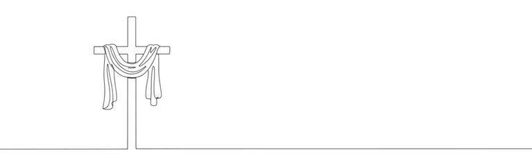 A simple cross draped with cloth, drawn in a continuous line, symbolizing Easter, faith, and resurrection