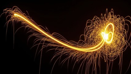 Long exposure light painting with sparks creating a glowing yellow abstract trail against a dark background