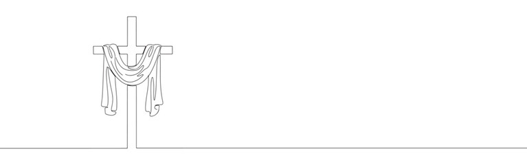 A simple cross draped with cloth, drawn in a continuous line, symbolizing Easter, faith, and resurrection