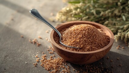 Uncooked organic quinoa grains in a bowl with spoon highlighting nutritious food choices, nutrition month