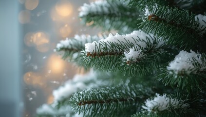 Artificial pine tree with snow accumulation, used as winter decor background