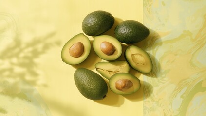 Whole and sliced avocados displayed on a yellow and green surface, highlighting healthy fats and snack preparation