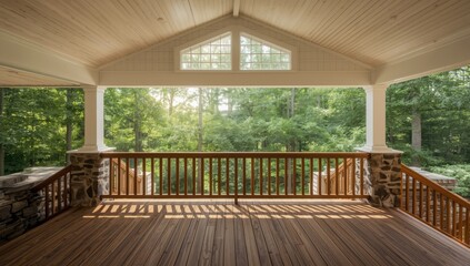Obraz premium Outdoor terrace featuring wooden floorboards and a beadboard ceiling, designed for leisure and entertainment