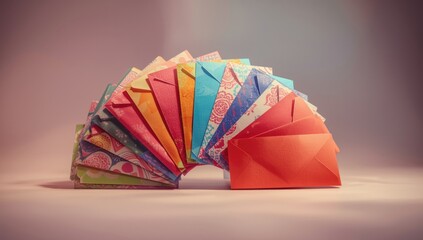 Close-up of vibrant envelope collection arranged in a fan, suitable for stationery display