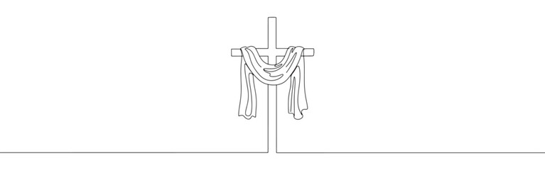 A simple cross draped with cloth, drawn in a continuous line, symbolizing Easter, faith, and resurrection