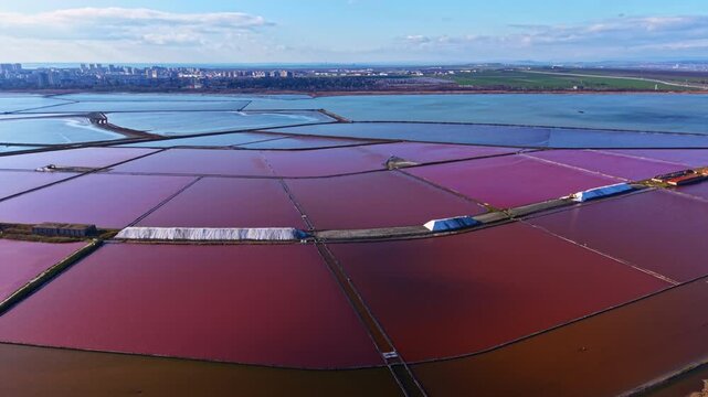 Vivid shades of red and pink dance across vast salt flats, bordered by sparkling waters and distant city silhouettes, as the sun sets, painting the sky in gentle hues.