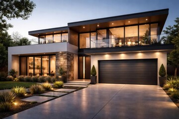  image of a luxury modern house with a concrete driveway and automated garage door system