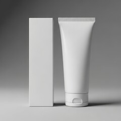 Clean and minimalist white tube and packaging box mockup for beauty products