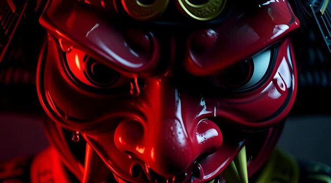 Fierce Red Oni Mask Samurai Warrior with Golden Accents, Intense Gaze