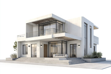 Modern two story residential house with large windows and balcony, featuring clean white exterior and minimalist design, surrounded by small plants and outdoor seating