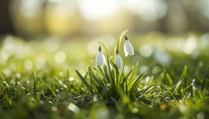 Detail of sprouting Fritillaria Meleagris white among garden plants in bright spring sunlight, highlighting native plant growth