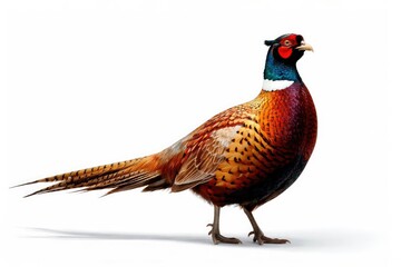 Bright pheasant displaying intricate feather colors on a clean white background