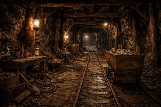 Old mining tunnel with worn trolley rails and scattered equipment inside mine