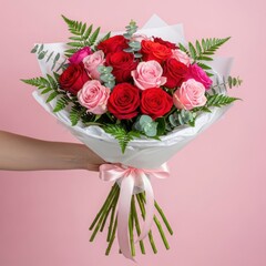 A beautiful hand-held bouquet of red and pink roses against a gentle pink background.