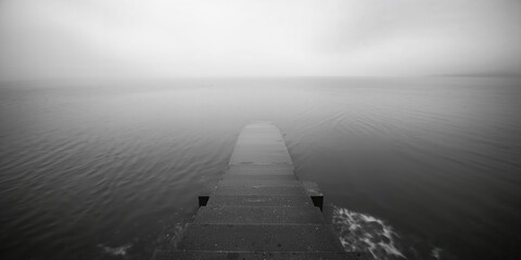 Black and white ocean photograph with stairs descending into the water, focusing on minimalist design and daylight exposure