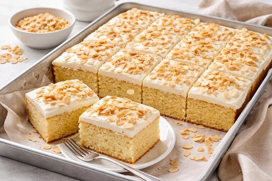 Traditional vanilla sheet cakes topped with almond flakes