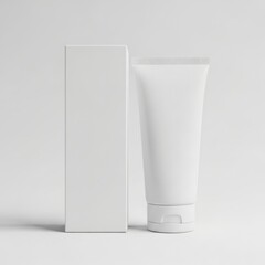 A clean, minimalist white cosmetic tube and packaging box mockup against a bright background