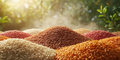 Colorful rice grains arranged for a lively food backdrop, ideal for layout design or menu backgrounds