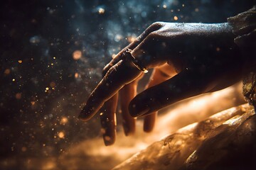 Artistic close up of hand wearing ring with floating golden particles creating dreamy romantic atmosphere and emotional storytelling